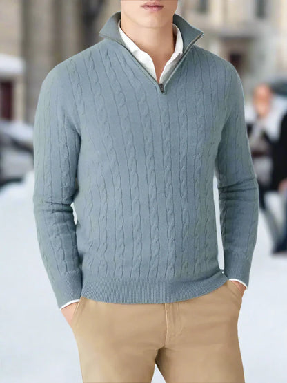 Men's Sweater - Cable Knit Wool Blend - Regular Fit - Half-Zip High Neck