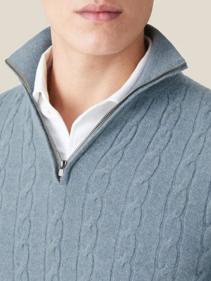 Men's Sweater - Cable Knit Wool Blend - Regular Fit - Half-Zip High Neck