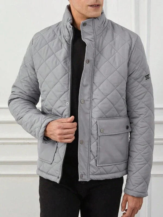 Men's Jacket - Quilted with Checkered Design - High Collar - Zipper & Button Closure - Slim Fit