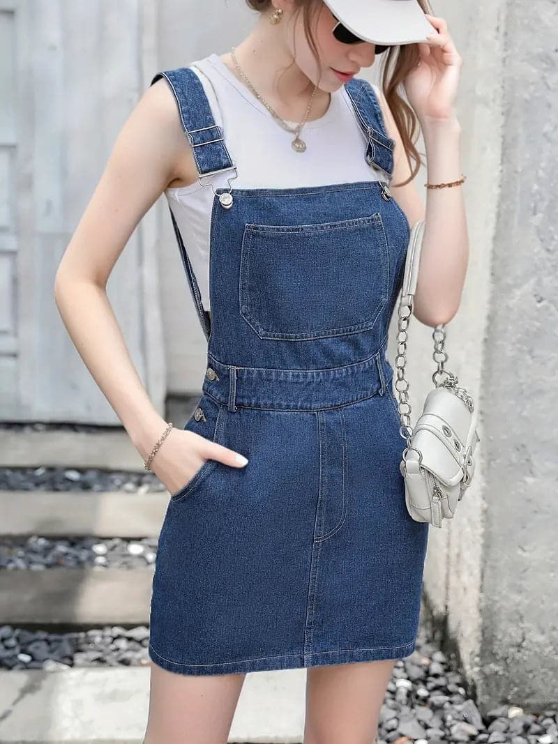 Women's Overall Dress – Denim – Adjustable Straps – Mini Length – Practical Pockets
