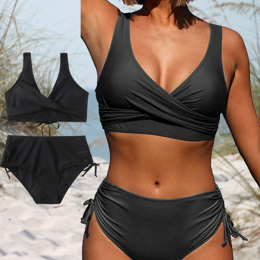 Women's Bikini Set – Wrap Top – High Waist – Adjustable Ruched Sides – Breathable Fabric