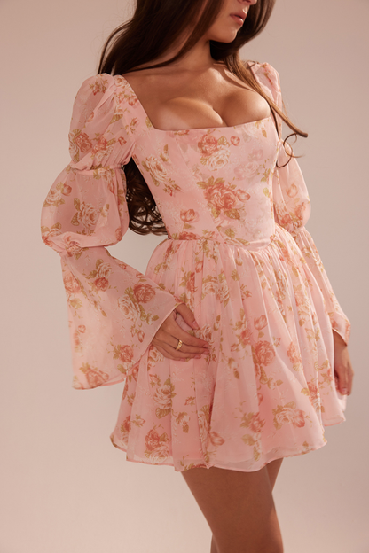 Dress woman – Mini length – A-line fit – Puff sleeves – Floral print – Square neckline