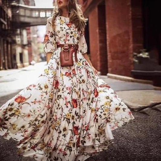 Dress for Women – Maxi Dress with Floral Print – Belt at the Waist – Three-Quarter Sleeves