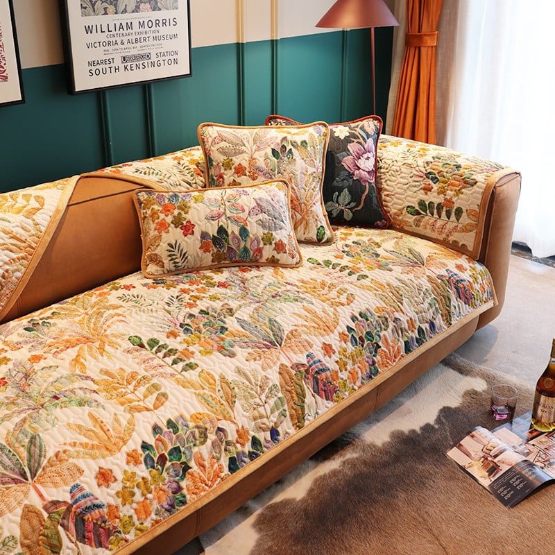 Eclectic Quilted Sofa Cover With Botanical Design