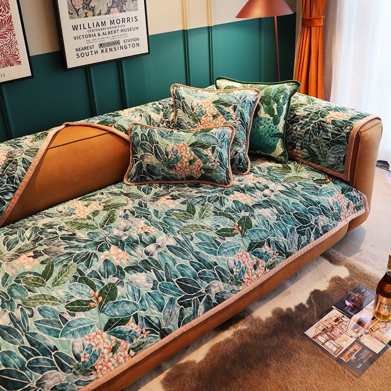 Eclectic Quilted Sofa Cover With Botanical Design