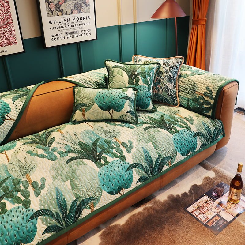 Eclectic Quilted Sofa Cover With Botanical Design
