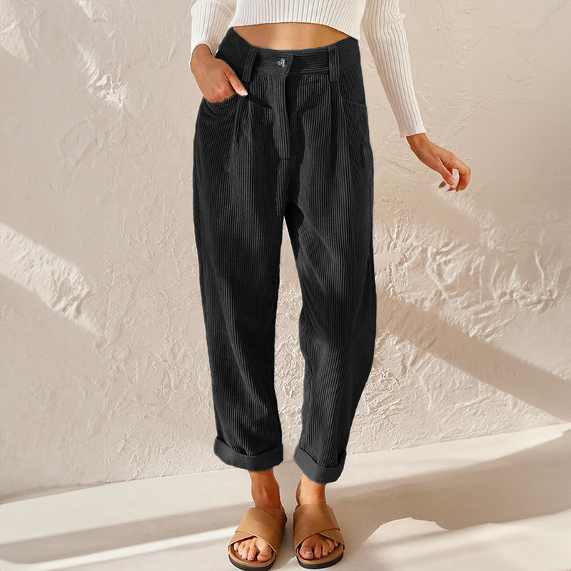 Women's Pants with High Waist – Relaxed Fit – Soft Ribbed Texture – With Pleats