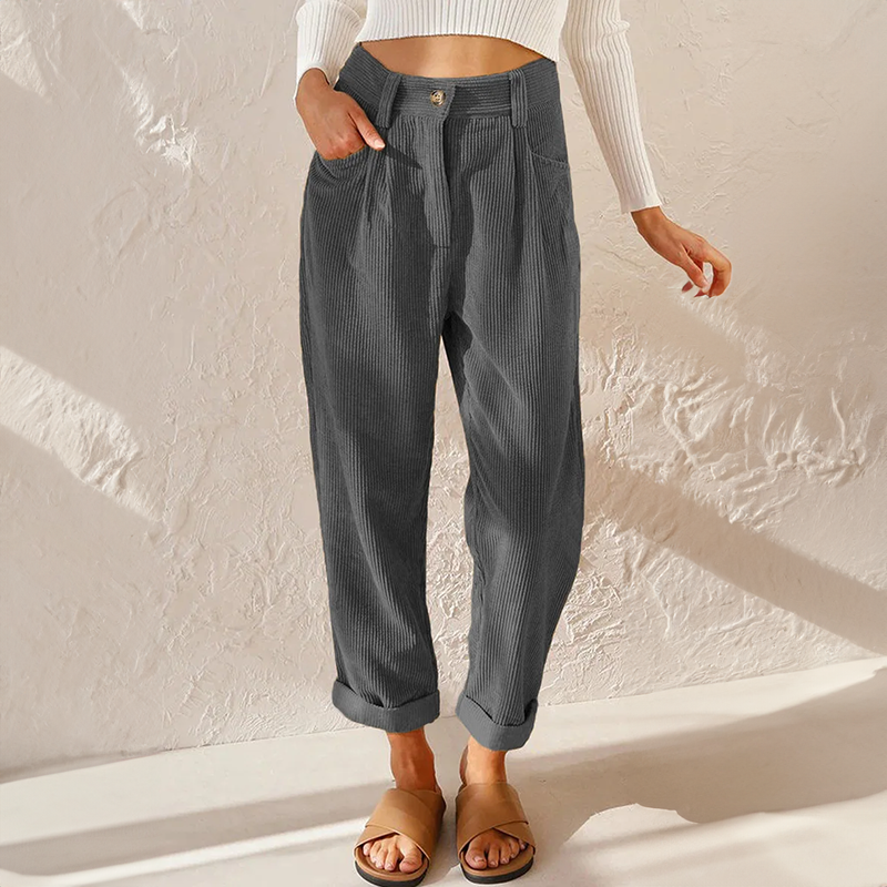 Women's Pants with High Waist – Relaxed Fit – Soft Ribbed Texture – With Pleats