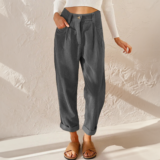 Women's Pants with High Waist – Relaxed Fit – Soft Ribbed Texture – With Pleats