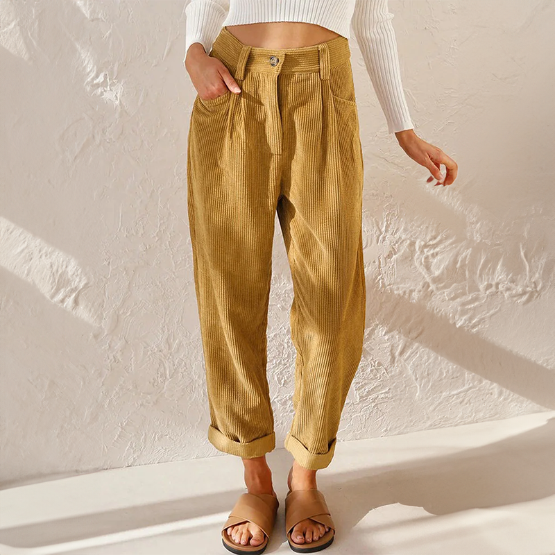 Women's Pants with High Waist – Relaxed Fit – Soft Ribbed Texture – With Pleats