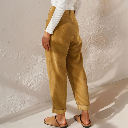Women's Pants with High Waist – Relaxed Fit – Soft Ribbed Texture – With Pleats