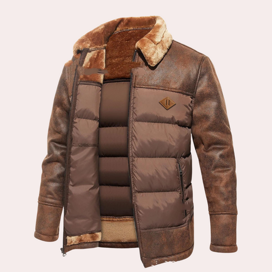 Men’s Jacket - Faux Leather - Quilted Front Panel - Plush Fleece Lining