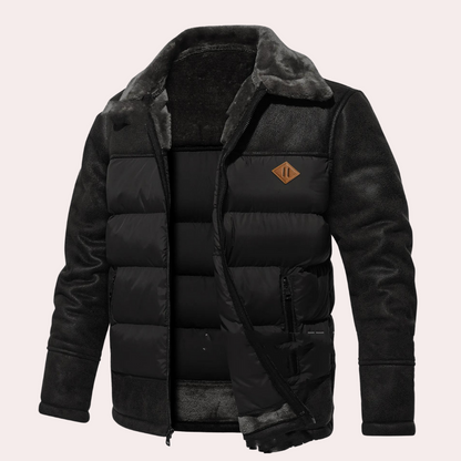 Men’s Jacket - Faux Leather - Quilted Front Panel - Plush Fleece Lining