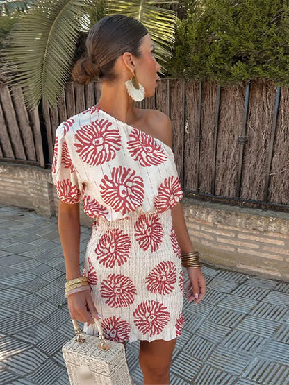 Women's Mini Dress – One Shoulder – Relaxed Fit – Light Cotton Blend – Patterned Design