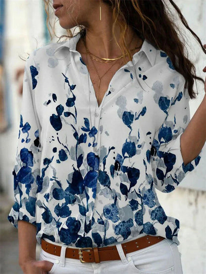 Women's Blouse – Relaxed Fit – Breathable Fabric – Rolled-Up Sleeves – Floral Print