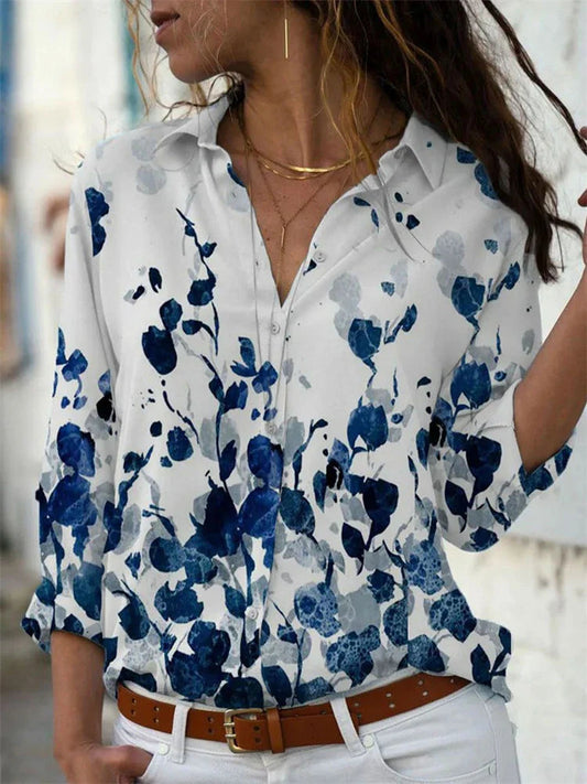 Women's Blouse – Relaxed Fit – Breathable Fabric – Rolled-Up Sleeves – Floral Print