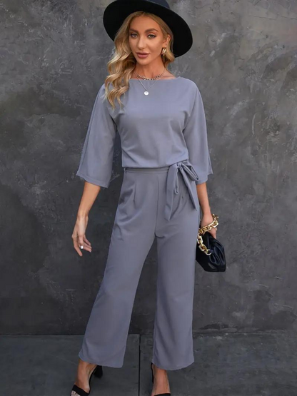 Women's Jumpsuit – Relaxed Fit – Breathable Fabric – Belt – 3/4 Sleeve
