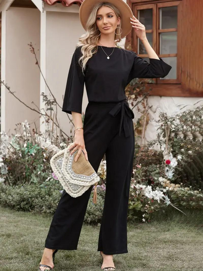Women's Jumpsuit – Relaxed Fit – Breathable Fabric – Belt – 3/4 Sleeve