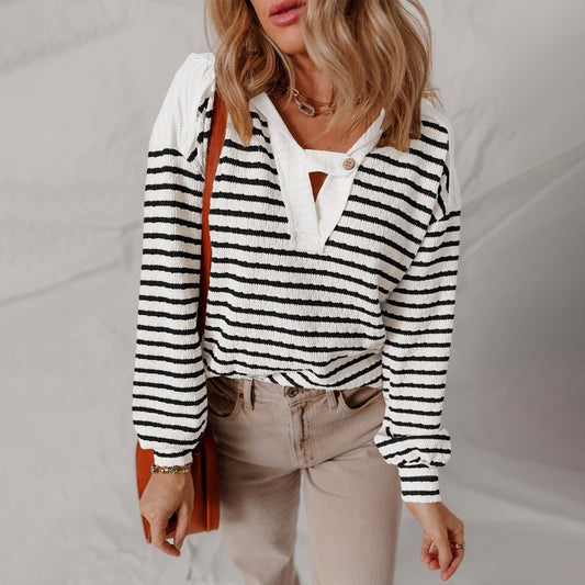 Ilaria Relaxed Fit Sweater | Striped V-Neck Sweater