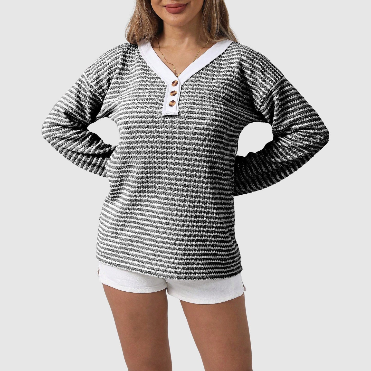 Eleonora Relaxed Fit Sweater | Striped V-Neck Sweater