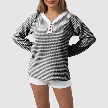 Eleonora Relaxed Fit Sweater | Striped V-Neck Sweater