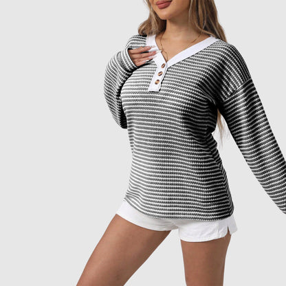 Eleonora Relaxed Fit Sweater | Striped V-Neck Sweater
