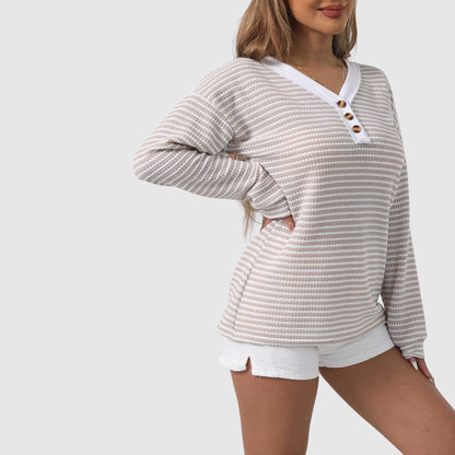 Eleonora Relaxed Fit Sweater | Striped V-Neck Sweater