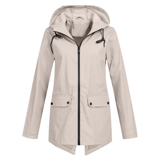 Women's Rain Jacket – Relaxed Fit – Water-Repellent – Adjustable Hood – Mid-Length