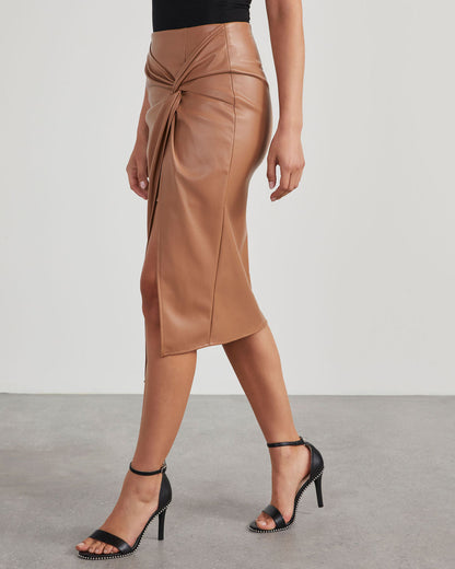 Women's Pencil Skirt – Slim Fit – Leather Look – Draped Waist – Midi – Side Slit