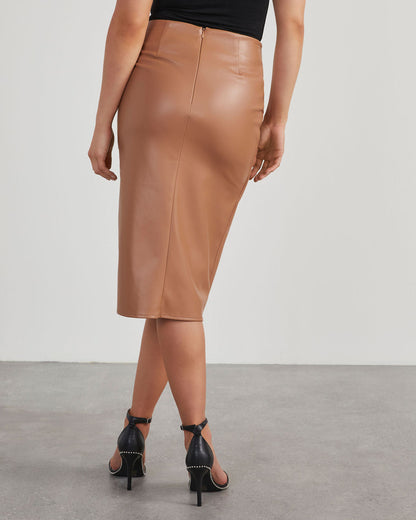 Women's Pencil Skirt – Slim Fit – Leather Look – Draped Waist – Midi – Side Slit