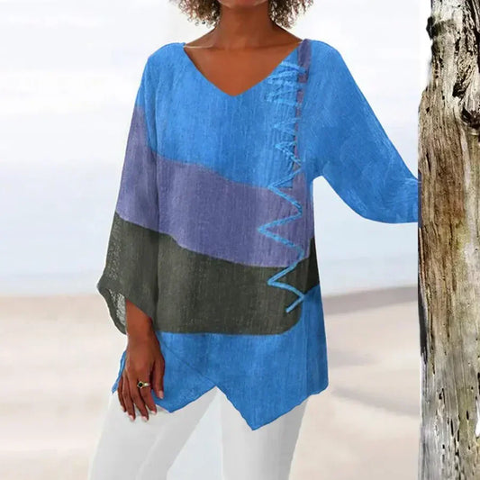 Women's Blouse – Relaxed Fit – V-Neck – 3/4 Sleeve – Breathable Fabric – Asymmetric Hem