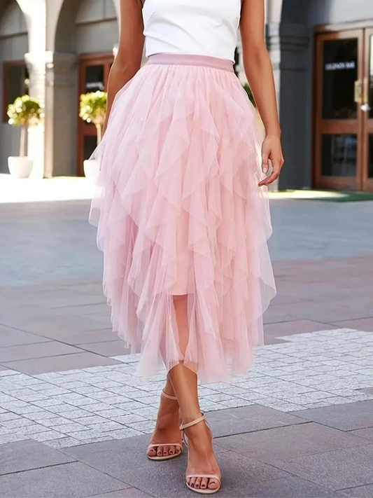 Women's midi skirt – High waist – Layered mesh – Voluminous fit – Ruffle details