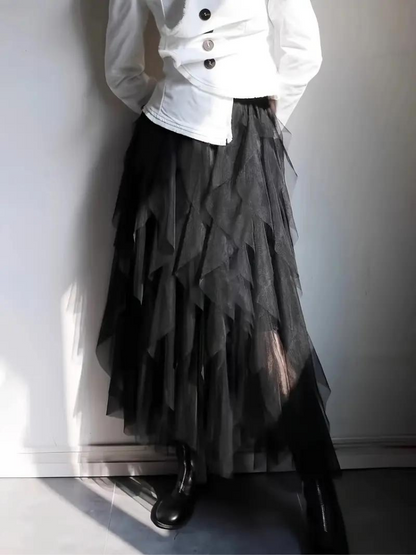 Women's midi skirt – High waist – Layered mesh – Voluminous fit – Ruffle details