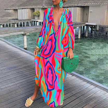 Women's Caftan – Loose Fit – Deep V-neck – Long Sleeves – Light and Elegant
