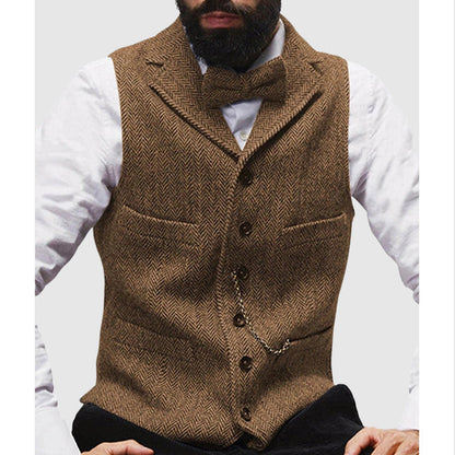Men's Vest – Slim Fit – Wool Texture – Herringbone Pattern – Formal Buttoning