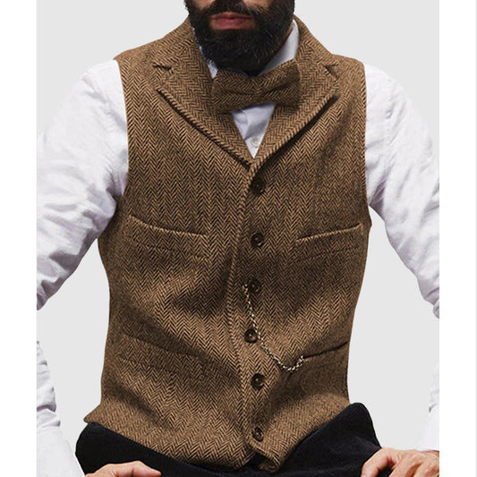 Men's Vest – Slim Fit – Wool Texture – Herringbone Pattern – Formal Buttoning