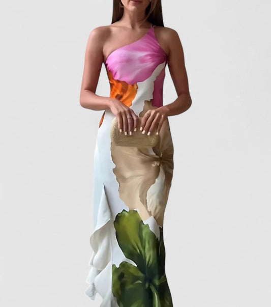 Women's Evening Dress – Tight Fit – Asymmetric Neckline – Luxury Fabric