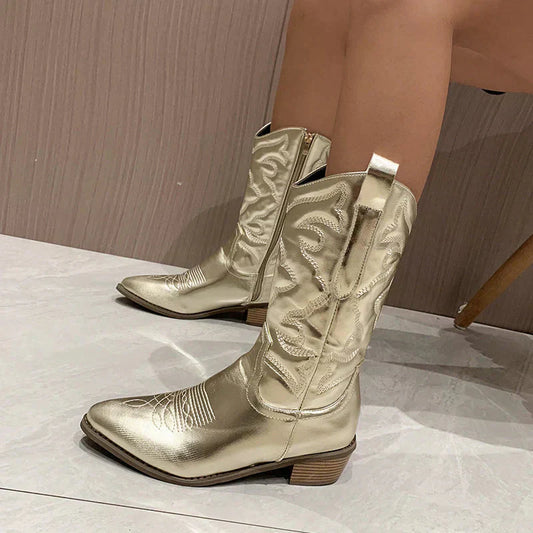 Women's Cowboy Boots – Mid Height – Glossy Finish – Decorative Stitching and Zipper