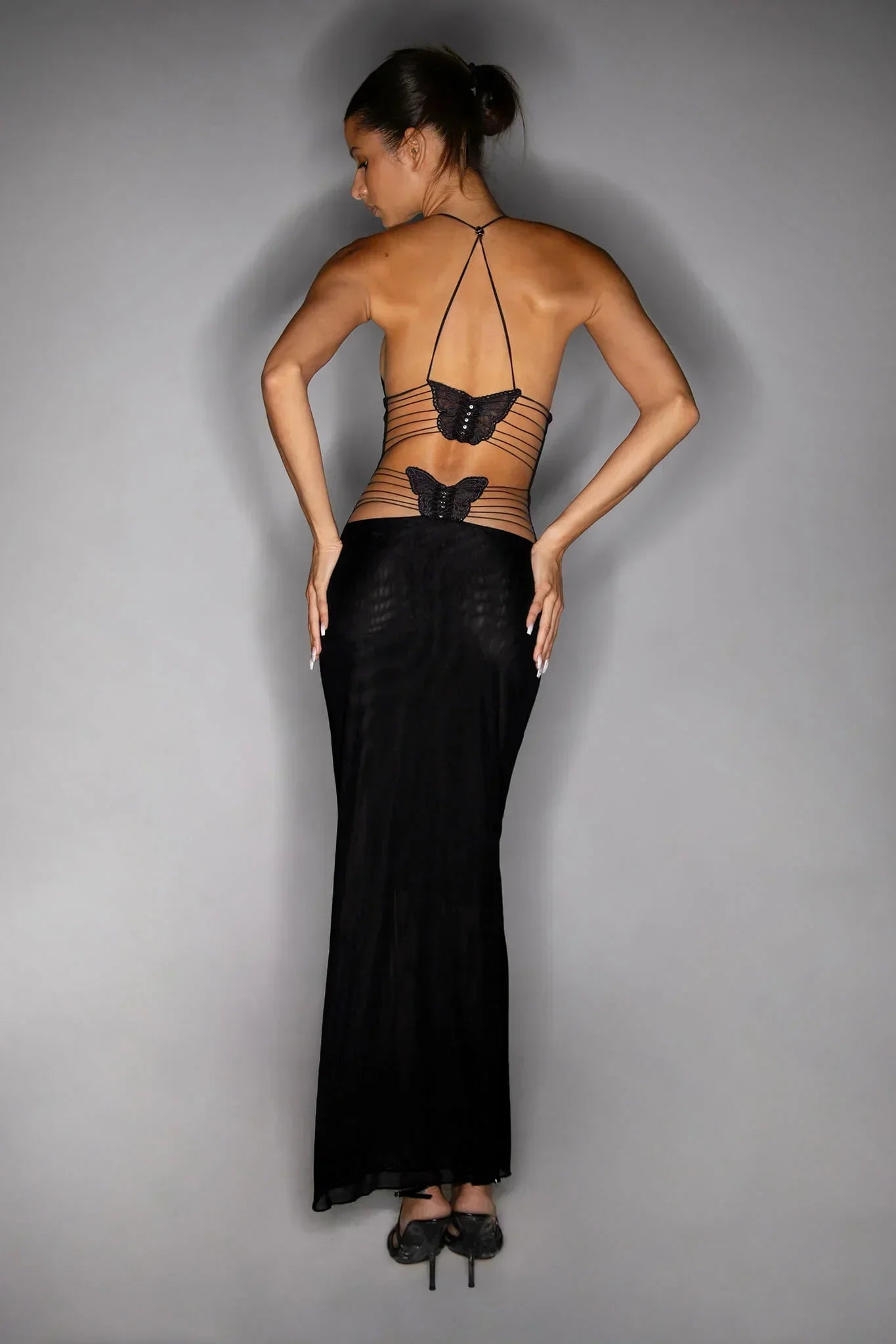 Dress woman – Slim fit – Open back with butterfly – Elegant draping