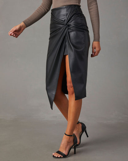 Women's Pencil Skirt – Slim Fit – Leather Look – Draped Waist – Midi – Side Slit
