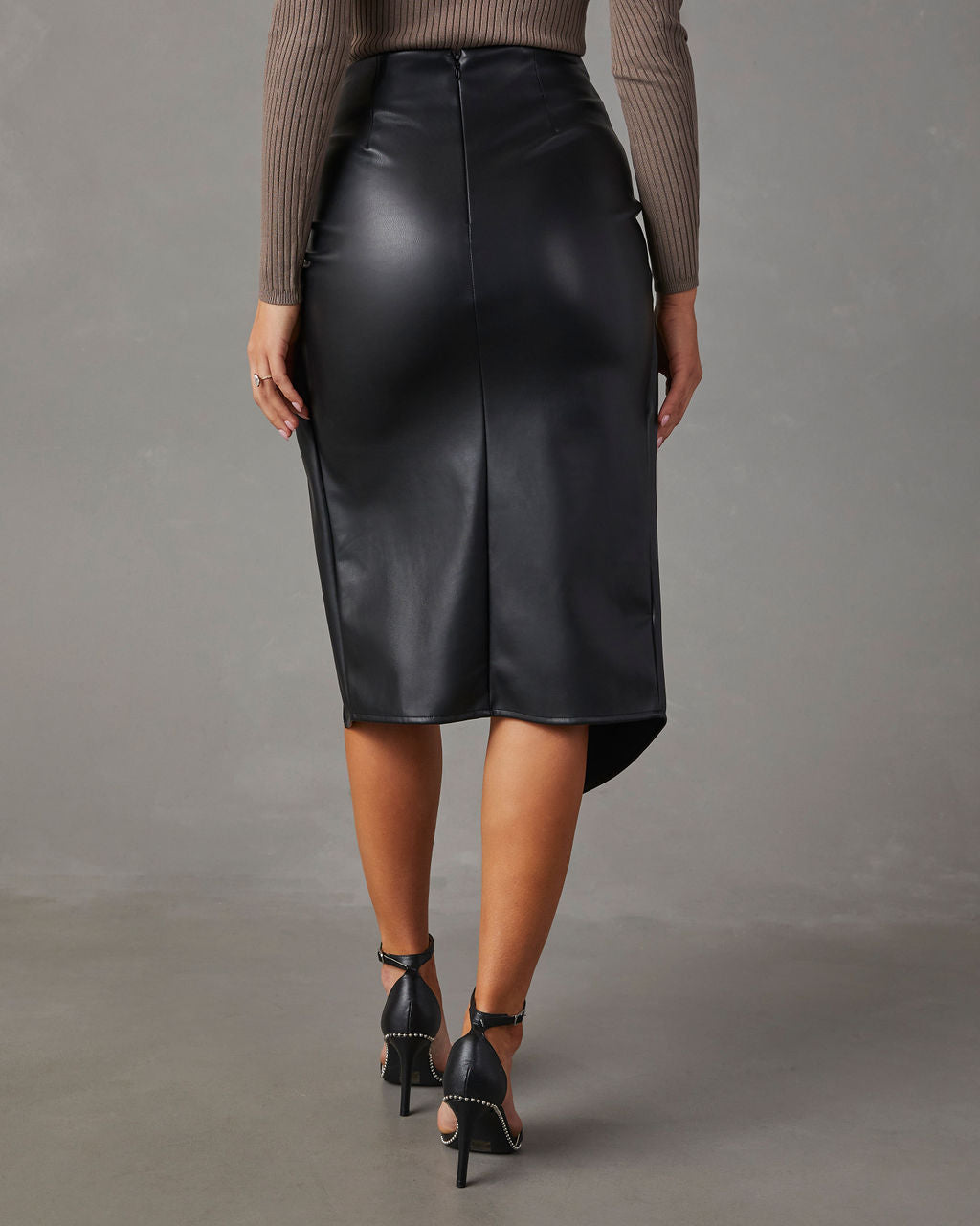 Women's Pencil Skirt – Slim Fit – Leather Look – Draped Waist – Midi – Side Slit