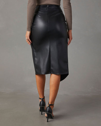 Women's Pencil Skirt – Slim Fit – Leather Look – Draped Waist – Midi – Side Slit