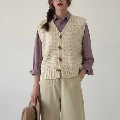 Luna Textured Knit Vest | Button-Down V-Neck Sweater Vest
