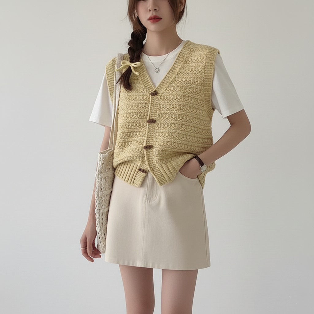 Luna Textured Knit Vest | Button-Down V-Neck Sweater Vest