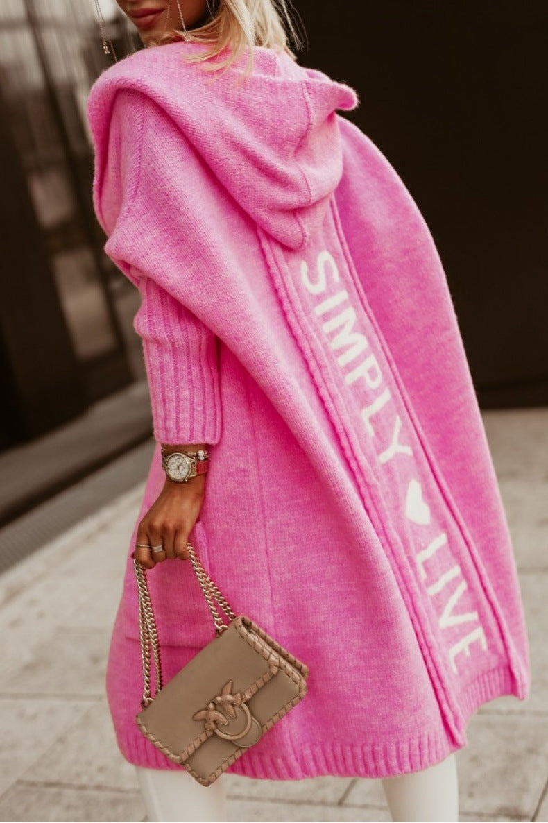 Women's Long Coat – Hood – Loose Fit – Knitted Wool – Graphic Back Detail