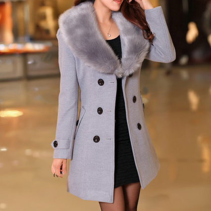 Women's Double-Breasted Trench Coat - Wool Blend - Tailored Fit - Faux Fur Collar
