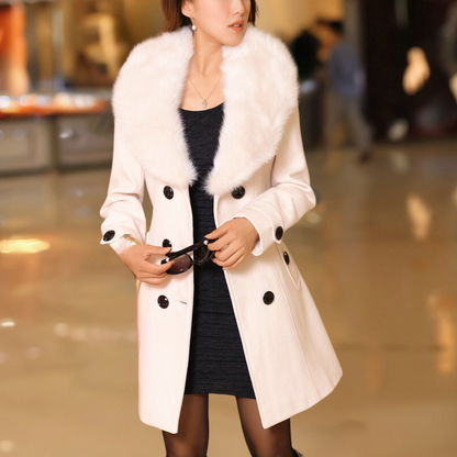 Women's Double-Breasted Trench Coat - Wool Blend - Tailored Fit - Faux Fur Collar