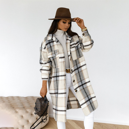 Women's Long Coat – Wool Blend – Oversized Fit – Check Pattern – Button Closure