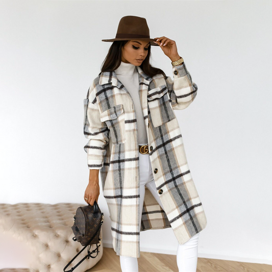 Women's Long Coat – Wool Blend – Oversized Fit – Check Pattern – Button Closure