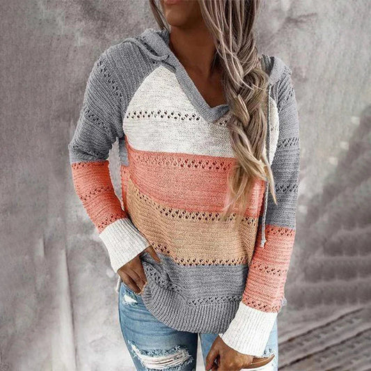 Women's Sweater – Relaxed Fit – Knitted Cotton – V-neck – Textured Pattern
